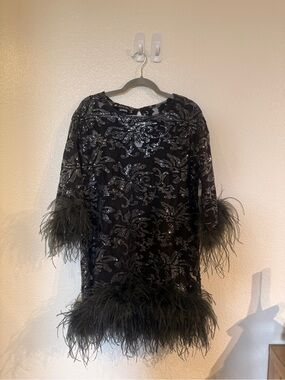 Isabelle Wen Black Sequin Feather Trim Party Dress